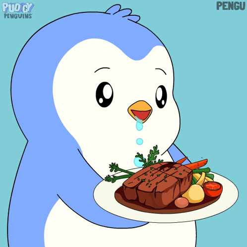 a cartoon of a penguin holding a plate of food with the word pengu on the bottom right