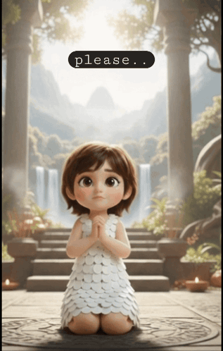 An illustrated girl in a white dress stands in a dreamy scene with a small “please...” caption.