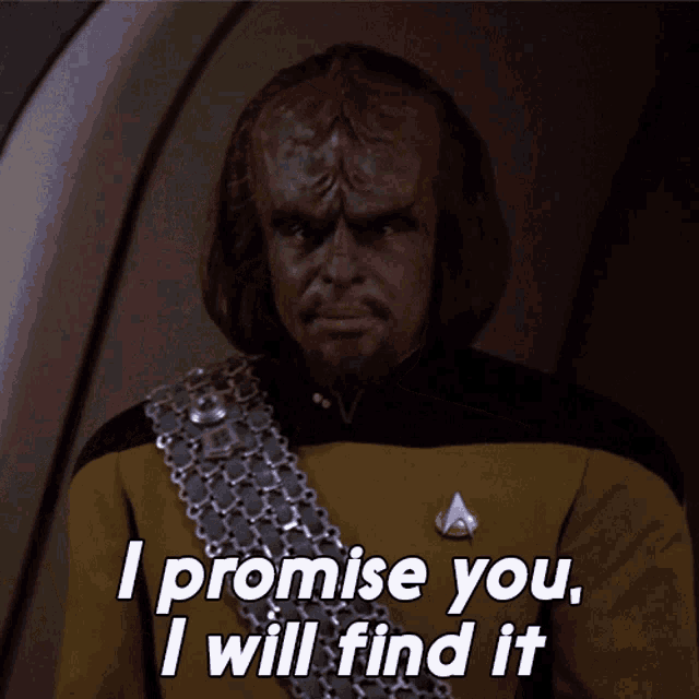 a man in a star trek uniform is saying " i promise you i will find it "