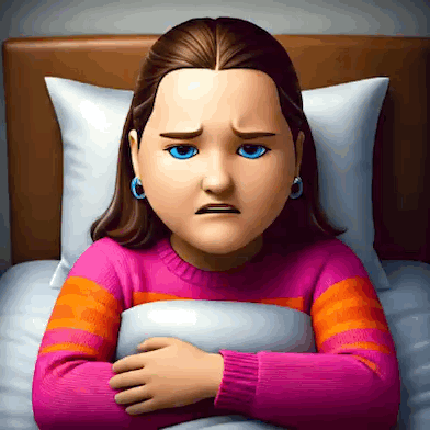 A sad 3D-style girl lies in bed clutching a pillow, looking like she is in pain.
