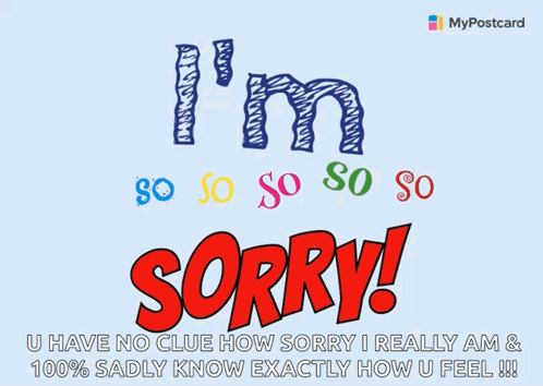 A pale blue text graphic says “I’m so so so so sorry!” in colorful letters.