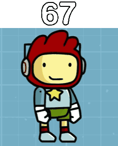 a cartoon character wearing a red helmet and headphones with the number 67 above him