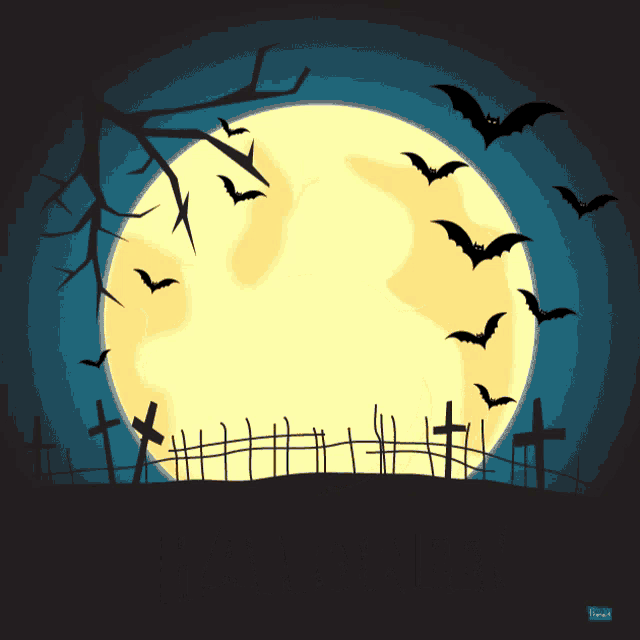 an illustration of a cemetery with bats and a full moon in the background