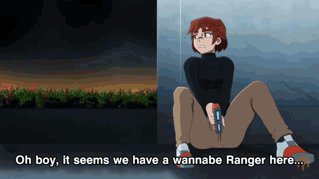 a cartoon of a girl sitting on the ground with the words oh boy it seems we have a wannabe ranger here below her
