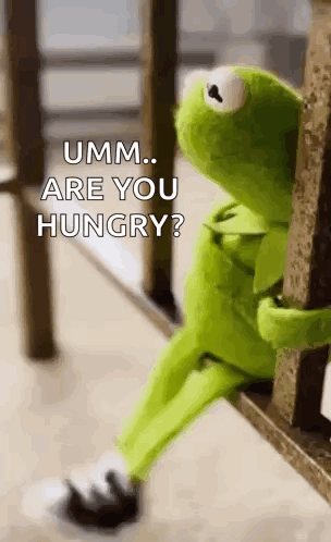 Kermit the Frog peeks around a doorway with “UMM… ARE YOU HUNGRY?”