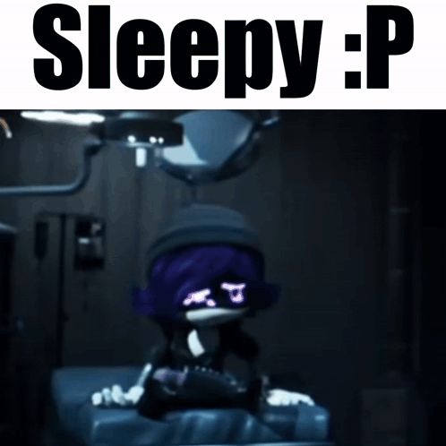 a cartoon character with purple hair is laying in an operating room with the words sleepy:p above it