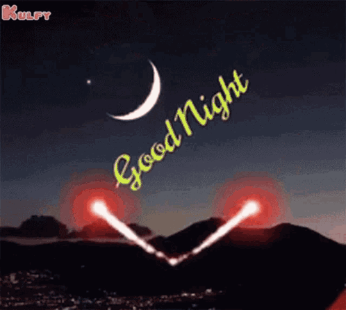 A crescent moon and two red glowing beams form a heart under yellow “Good Night” text.
