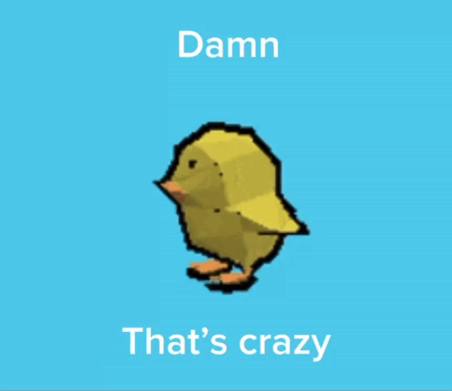 A pixelated yellow bird stands under the words “Damn That's crazy.”