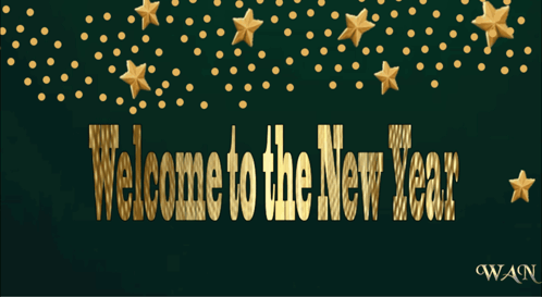 a welcome to the new year greeting with gold balloons and stars