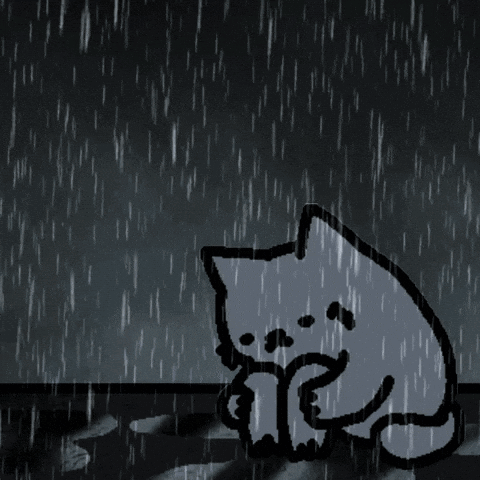A dark gray cartoon cat sits alone in heavy rain.