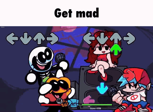 a cartoon of a man , a woman , and a skeleton playing a video game called fnf .