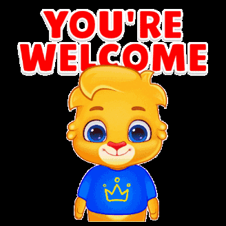 A smiling yellow cartoon cat holds a “YOU’RE WELCOME” sign on black.