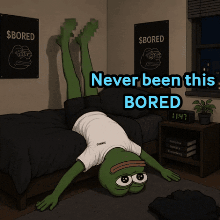 Pepe the Frog lies upside down on a bed with “Never been this BORED.”