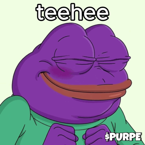 a purple frog with a green shirt is smiling and says teehee