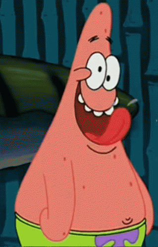 Patrick Star smiles wildly with a wide open mouth.