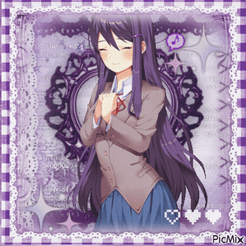 a picture of a girl with purple hair is displayed on a purple background