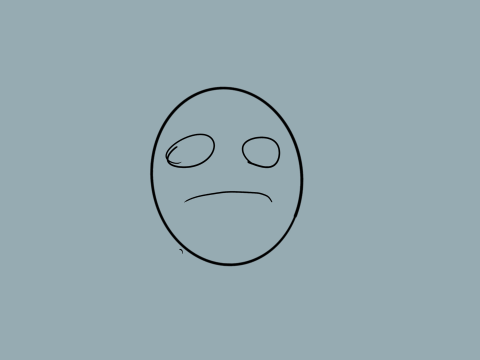 A minimalist gray sad face appears against a muted blue background.