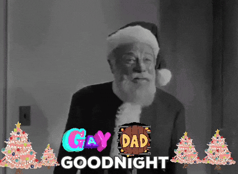 a picture of a man in a santa hat with the words gay dad goodnight behind him
