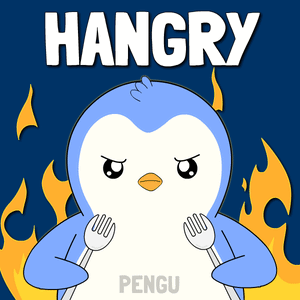 An angry blue cartoon penguin stands amid flames under “HANGRY.”