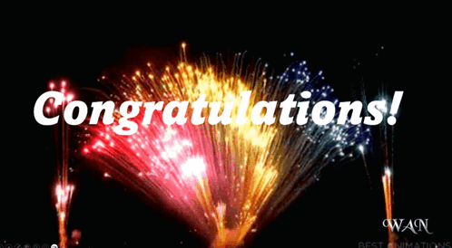 Fireworks explode behind a bright Congratulations caption.