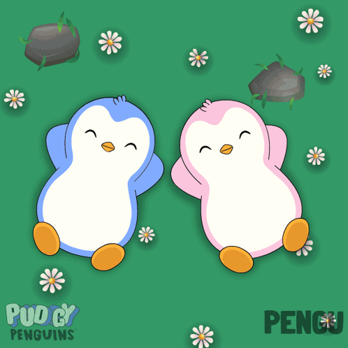 a couple of penguins are sitting in a field with the words pudgy penguins