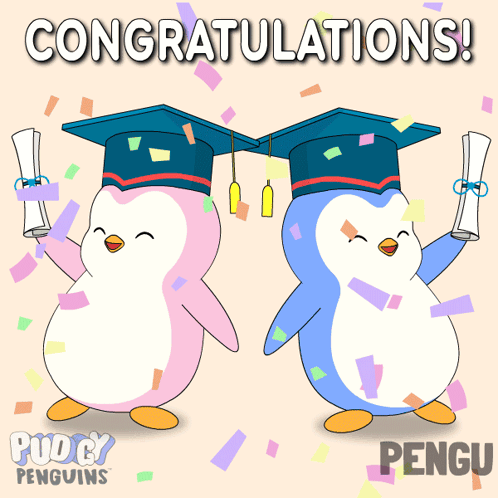 Two cartoon penguins in graduation caps celebrate beneath “CONGRATULATIONS!”
