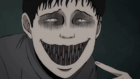 a black and white drawing of a person with a big smile