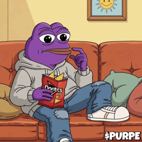 a purple frog sitting on a couch eating doritos