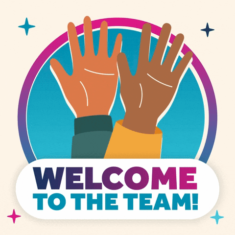 a sign that says welcome to the team with two hands