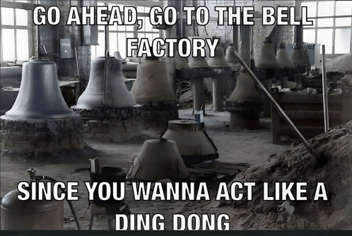 a black and white photo of a bell factory with a caption that says go ahead go to the bell factory
