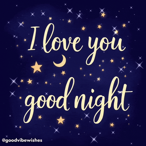 Gold script reads “I love you good night” with a heart and stars on a navy sky.