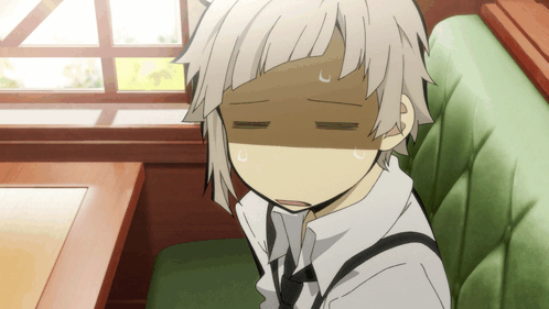 A white-haired anime boy looks tired and relieved with his eyes closed.
