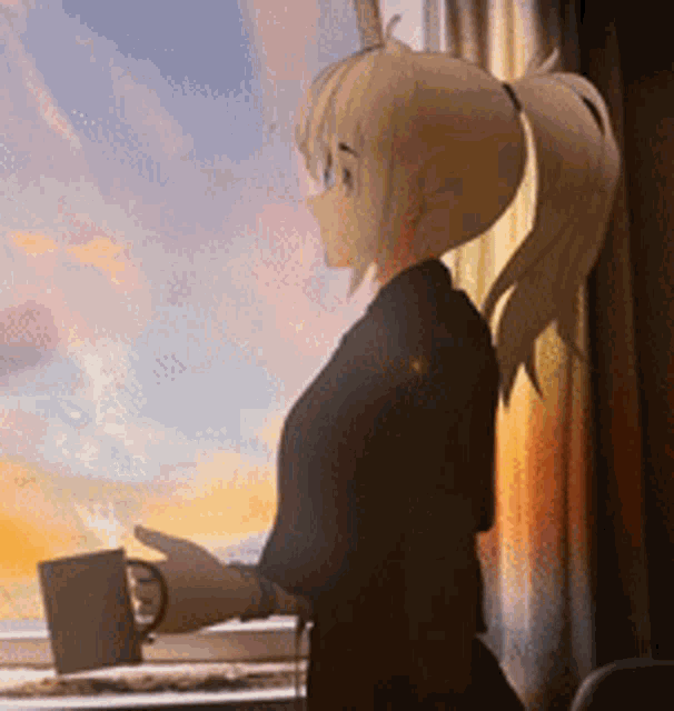 a girl is standing in front of a window holding a mug