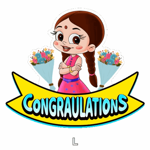 A cartoon girl holds flower bouquets while standing above a “CONGRATULATIONS” banner.