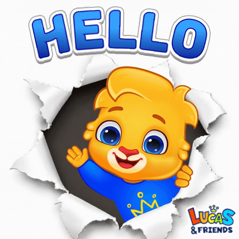 A smiling cartoon lion bursts through paper beneath “HELLO.”