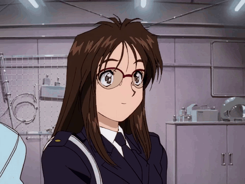 a woman in a police uniform with glasses stands in front of a shelf that says bosch