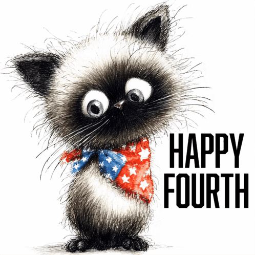 a drawing of a cat wearing a red white and blue scarf with the words happy fourth below it