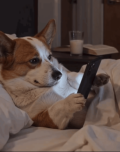 a brown and white dog is laying on a bed using a cell phone