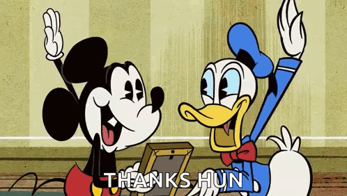 Mickey Mouse and Donald Duck smile and lift their hands beneath “THANKS, PAL!”