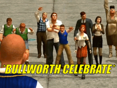 a group of people standing on a sidewalk with the words " bullworth celebrate " above them