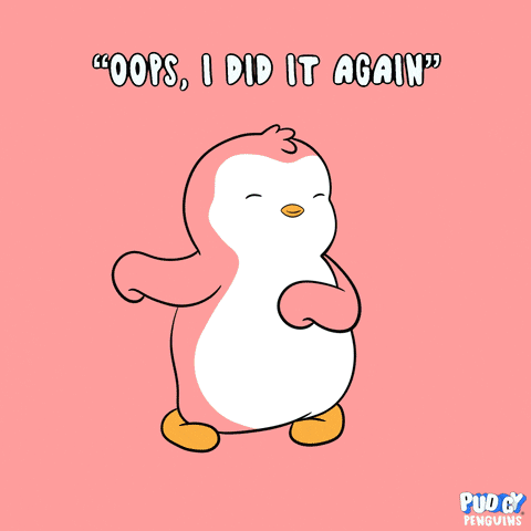 A dancing cartoon penguin is framed by the caption “OOPS, I DID IT AGAIN.”