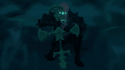 Viego stands in a dark teal mist holding a glowing weapon.