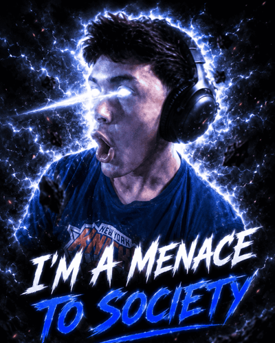 a man wearing headphones says " i 'm a menace to society " on a poster
