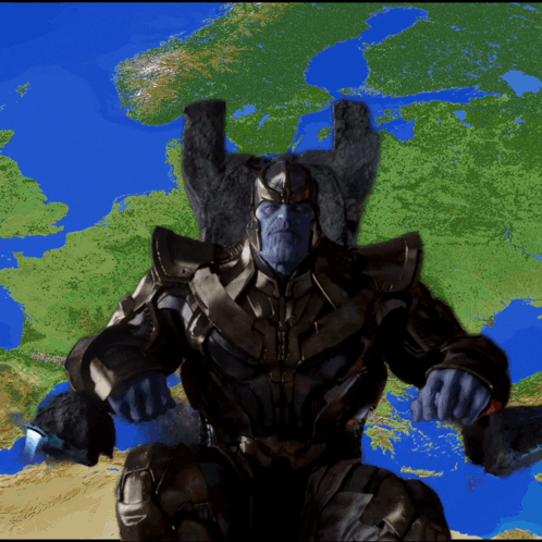 thanos is sitting on a throne in front of a map of the world