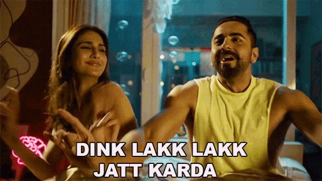 a man and a woman are dancing in front of a window with the words dink lakk lakk jatt karda above them