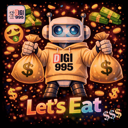 an illustration of a robot holding bags of money with the words let 's eat below him