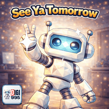 a robot giving a peace sign with the words see ya tomorrow below it