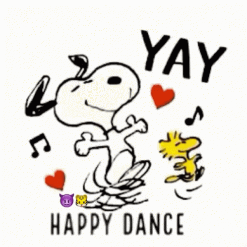Snoopy dances happily beside Woodstock with “YAY.”