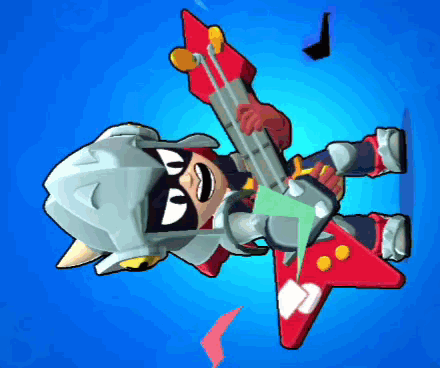 a cartoon character is playing a red guitar against a blue background
