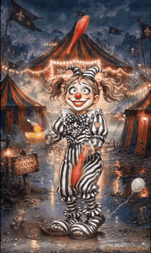 a painting of a clown in front of a sign that says the simon 's shadow circus